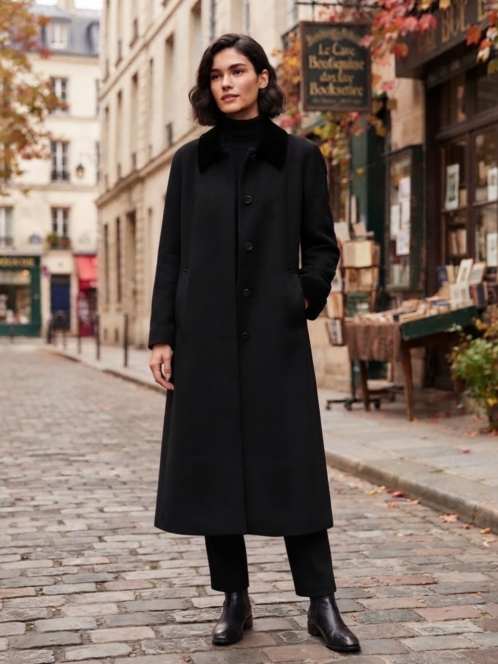 Vintage Leslie Fay Women’s 14 Long Black Wool Y2K Overcoat Velvet Collar Coat 90